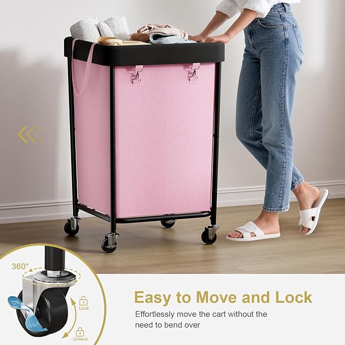 Chrislley 160L Laundry Hamper with Wheels, 2 Section Large Laundry Basket with Removable Bag, Steel Frame Dirty Clothes Hamper, Rolling Laundry Cart for Bedroom, Bathroom, Dorm, Hotel, Pink