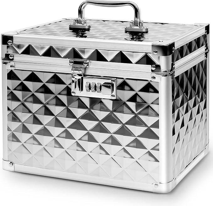 Medication Combination Lock Boxes with Code for Personal Items, Medicine Lockbox for Documents 10 x 7.25 x 7.75 Inches Plaid Silver