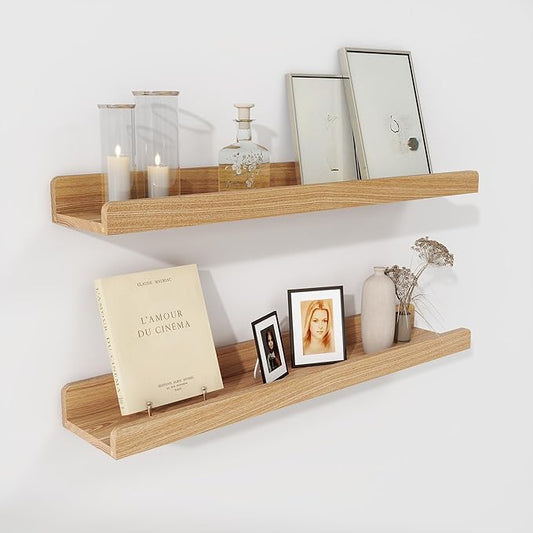 Floating Shelves for Wall | Picture Ledge Shelf Set of 2 | 24 Inch Solid Ash Wood Floating Shelves with Lip | Natural Wood Picture Shelf for Wall with Ledge | Photo Ledge Shelves-NeatNest