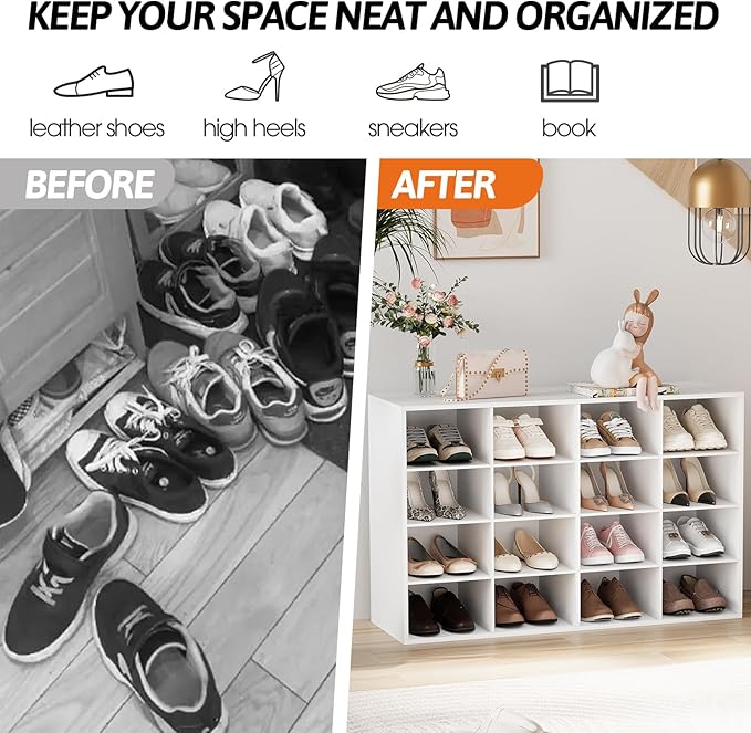 Garden 4 you Shoe Storage Bench, Cubby Shoe Rack with 16 Cubbies, 4-Tier Wood Shoe Rack Organizer, Shoe Organizer Cabinet for Entryway, Hallway, Closet and Garage, White-NeatNest