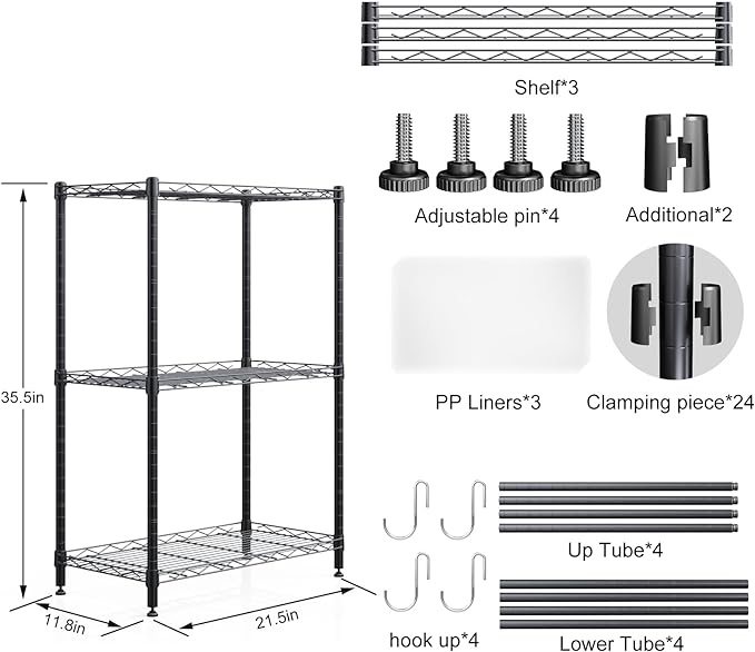 3 Tier Shelves Storage, Wire Shelf Unit, Standing Adjustable Metal Shelves Organizer, Storage Racks for Restaurant Garage Pantry Kitchen Garage（Medium，11.8" W x 21.5" L x 35.5" H）