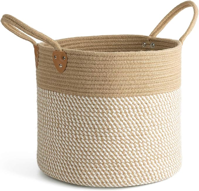 CHICVITA Large Wicker Jute Woven Storage Basket with Handles – Blanket Laundry Basket for Toys Towels Home Decor, White, 14" x 14" x 12"-NeatNest