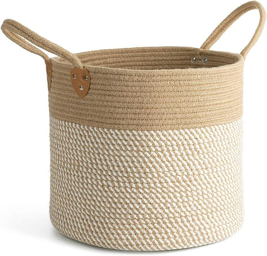 CHICVITA Large Wicker Jute Woven Storage Basket with Handles – Blanket Laundry Basket for Toys Towels Home Decor, White, 14" x 14" x 12"-NeatNest