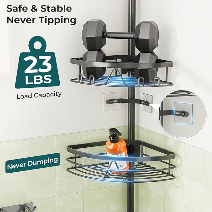 Dicasser Corner Shower Caddy - Tension Pole Rod Organizer, Floor to Ceiling 20-113 inch, Adjustable Towel Rack Waterproof Rustproof, Black