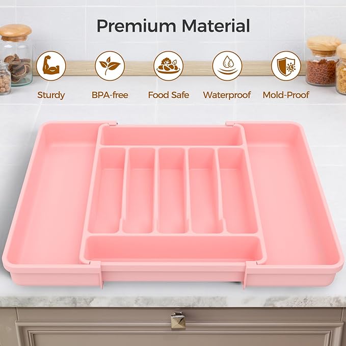 Extra Large Expandable Silverware Organizer, BPA-Free Food-Safe Cutlery Flatware Organizer, Kitchen Utensil Drawer Organizer, Adjustable Silverware Holder for Spoons Forks Knives, Pink-NeatNest