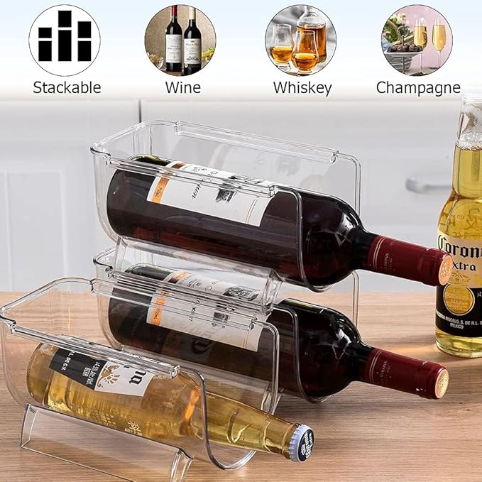 6 Pack Plastic Wine Bottle Holder for Refrigerator, Acrylic Wine Rack Refrigerator, Clear Wine Bottle Organizer Holder for Kitchen, Refrigerator, Countertop Organization