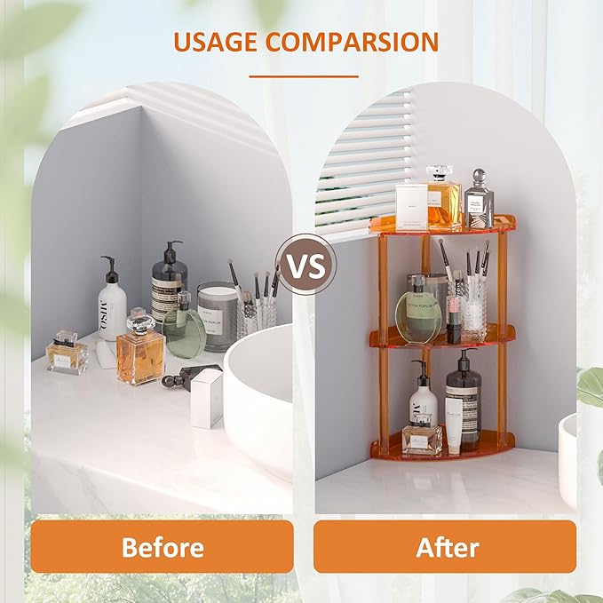 3 Tier Countertop Corner Organizer Shelf 7x7x15.7 Inch, Orange Countertop Acrylic Bathroom Corner Shelf, Vanity Storage Organizer for Cosmetics, Toiletries-NeatNest