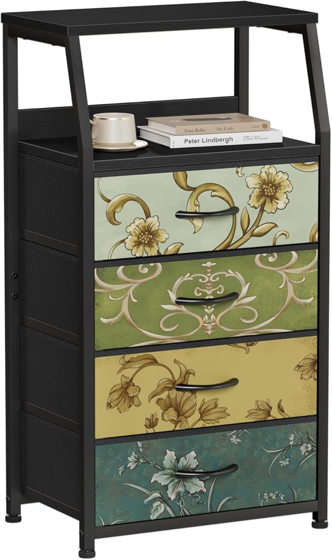 Furnulem Retro Dresser for Bedroom, Small Dresser for Closet, Vintage Nightstand with 4 Drawers, Fabric Storage Organizer Bedside Table Side Furniture, Metal Frame, Wood Top-NeatNest