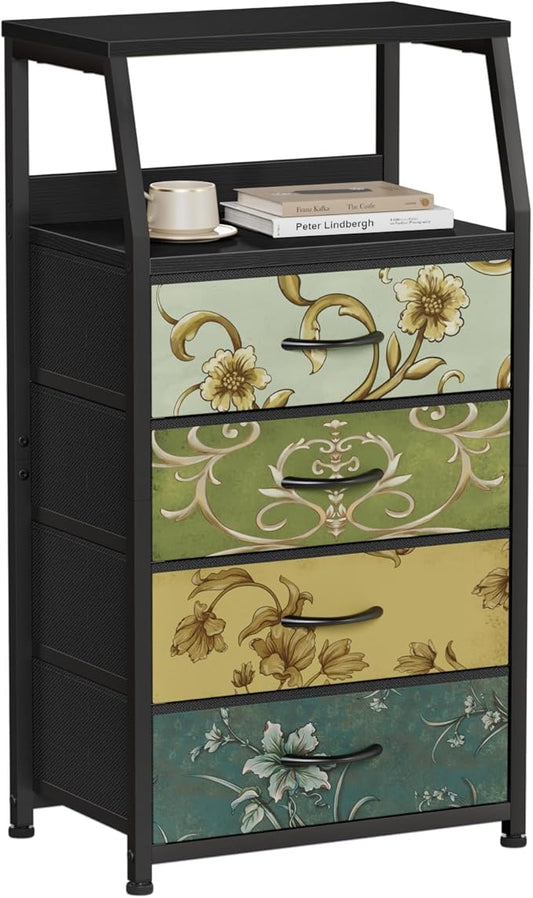 Furnulem Retro Dresser for Bedroom, Small Dresser for Closet, Vintage Nightstand with 4 Drawers, Fabric Storage Organizer Bedside Table Side Furniture, Metal Frame, Wood Top-NeatNest