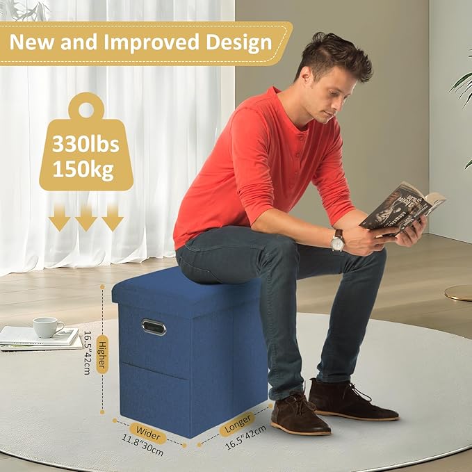 Tall Ottoman with Storage Collapsible Fabric Small Slim Folding Ottoman Furniture with Handles Lid for Room Footrest Foot Stool Linen Navy Blue 16.5x16.5x11.8in