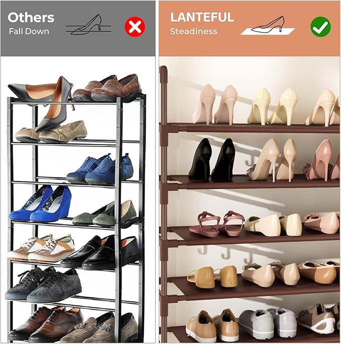 Tall Shoe Rack 10 Tier Shoe Organizer Large Shoe Shelf with 18 Hooks Storage for 50 Pair Sneaker and Boot, Stackable Vertical Shoe Rack Organizer for Closet, Entryway, Bedroom, Brown-NeatNest