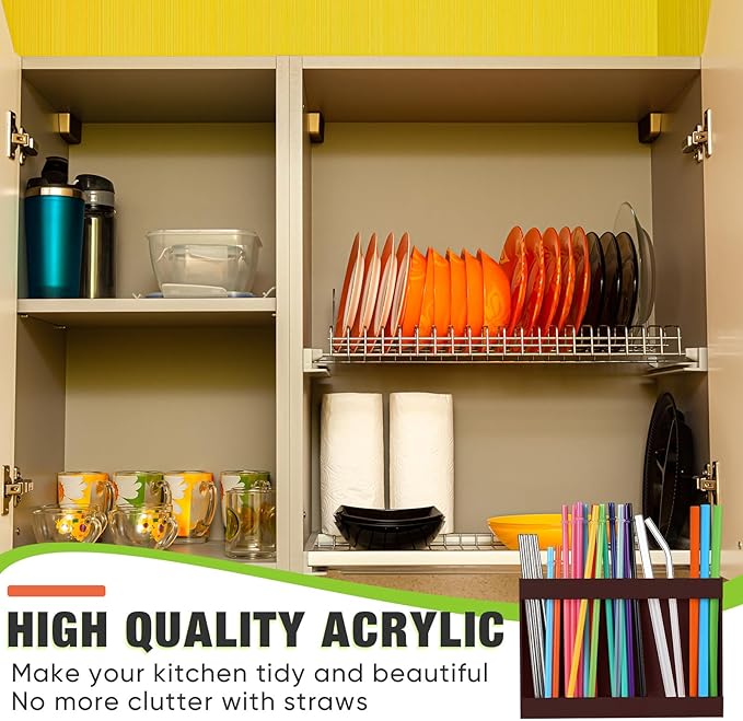 Acrylic Straw Holder for Cabinet Door with Double Sided Adhesive Tape Reusable Straw Organizer Tumbler Storage Kitchen Accessories Container for Counter Cupboard(Classic,Large,Brown)