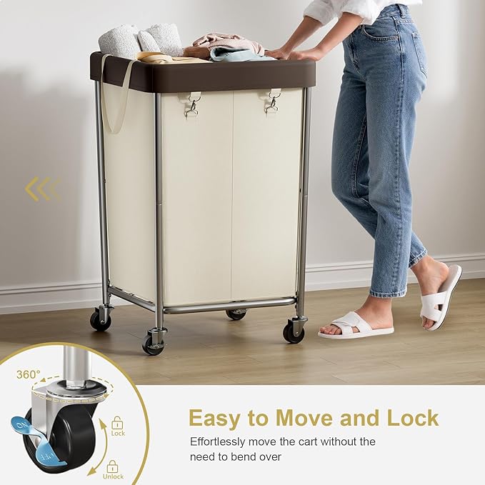 Chrislley 160L Laundry Hamper with Wheels, 2 Section Large Laundry Basket with Removable Bag, Steel Frame Dirty Clothes Hamper, Rolling Laundry Cart for Bedroom, Bathroom, Dorm, Hotel, Beige