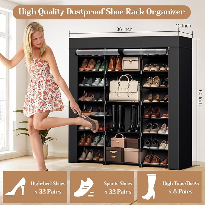 Shoe Rack for Closet, Shoe Organizer Storage Cabinet 9-Tier Large Capacity Holds up 40-46 Pairs with Dustproof Nonwoven Fabric Cover Vertical Rack for Entryway Garage-NeatNest