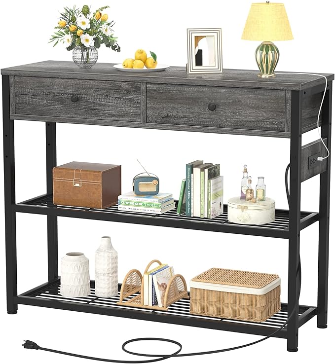Ecoprsio Entryway Table with Outlets and USB Ports, Small Console Table with 2 Drawers, Sofa Table with Storage Shelves for Living Room, Couch, Hallway, Foyer, Kitchen Counter, 32'', Grey Oak-NeatNest