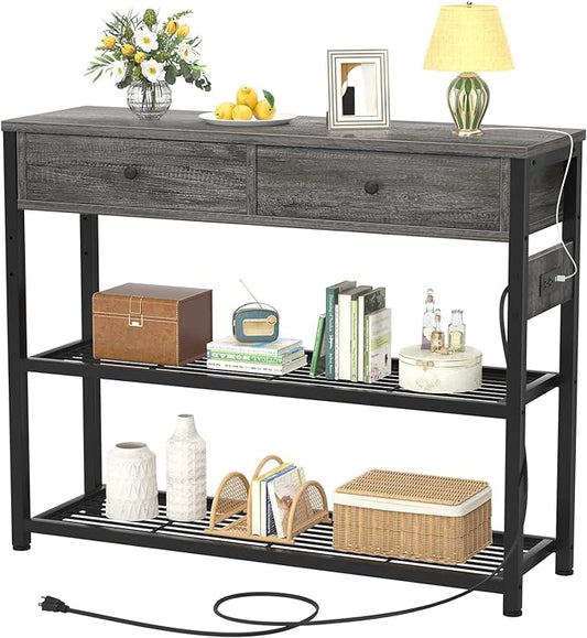 Ecoprsio Entryway Table with Outlets and USB Ports, Small Console Table with 2 Drawers, Sofa Table with Storage Shelves for Living Room, Couch, Hallway, Foyer, Kitchen Counter, 32'', Grey Oak-NeatNest