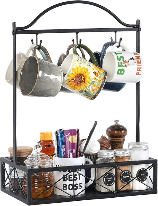 Coffee Mug Holder, 6 Big Capacity Cup Holder for Countertop, Cup Rack Organizer,Mug Tree with Storage Base for Coffee Bar Accessories (Large)-NeatNest
