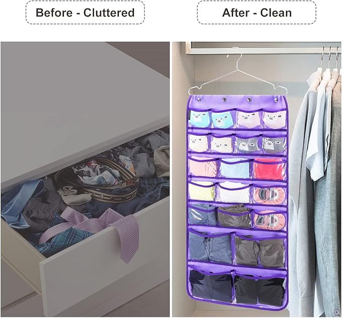 Dual Sided Hanging Organizer for Jewelry Makeup Storage Closet Organizers for Bows Socks Underwear with 42 Clear Pockets (PURPLE)-NeatNest