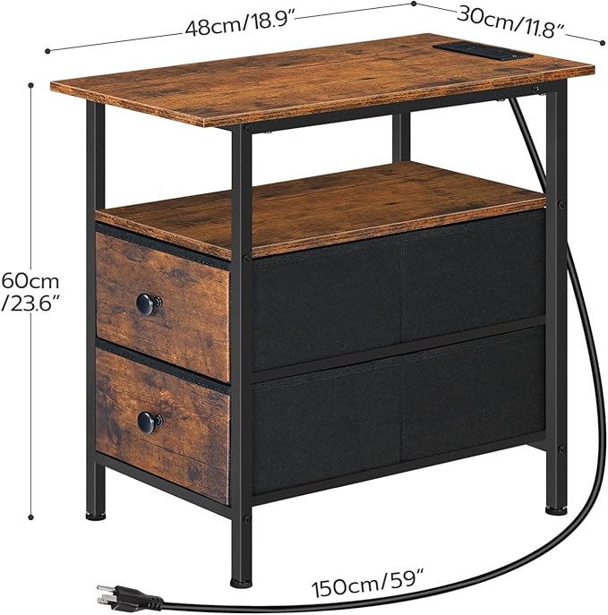 HOOBRO Narrow Side Table with LED Light and USB C Port, Night Stand with Charging Station, Skinny End Table with 2 Fabric Drawers, for Bedroom, Living Room, Rustic Brown and Black BF486UDBZ01