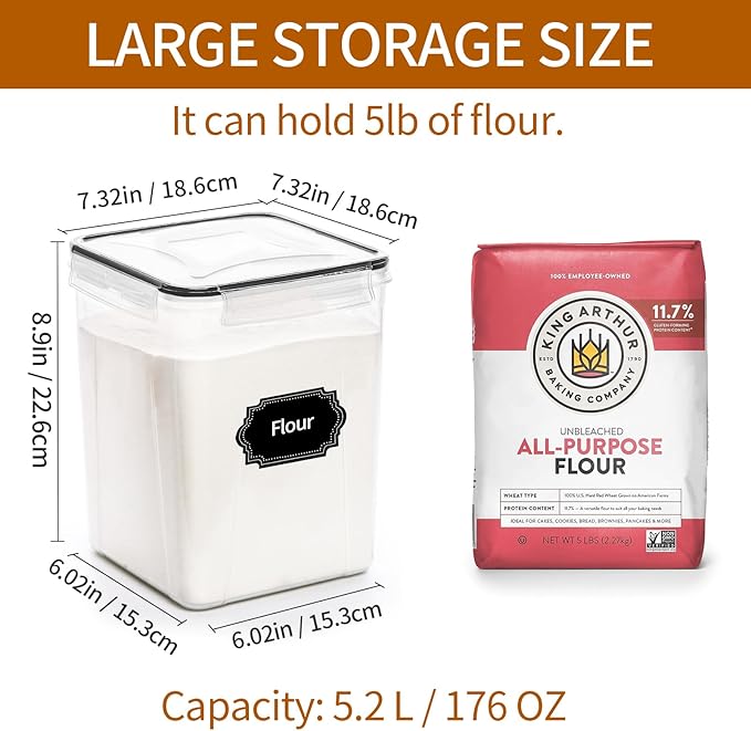 4 Pack Large Airtight Food Storage Containers with Lids (5.2L / 176oz), BPA Free Plastic Kitchen and Pantry Organization Contianers for Cereal Flour and Sugar Storage, Labels & Marker-NeatNest