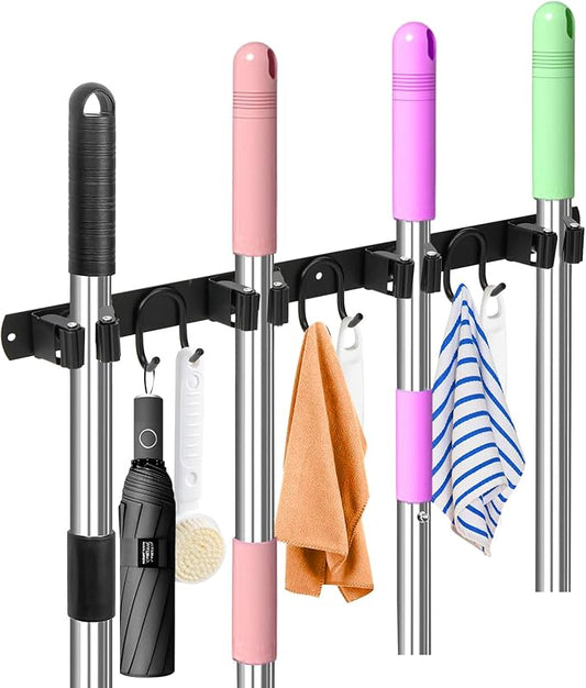 Mop Broom Holder Wall Mount, Black Stainless Steel Tool Storage Organizer for Kitchen Garden Garage Laundry Room Bathroom and RV with 4 Slots 6 Hooks-NeatNest