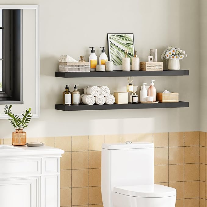 HOOBRO Floating Shelves for Wall, Wall Mounted Shelf Set of 2, 47.2" Hanging Shelf with Invisible Brackets, for Wall in Bathroom, Bedroom, Toilet, Kitchen, Living Room, Office, Black BK120BJP201-NeatNest