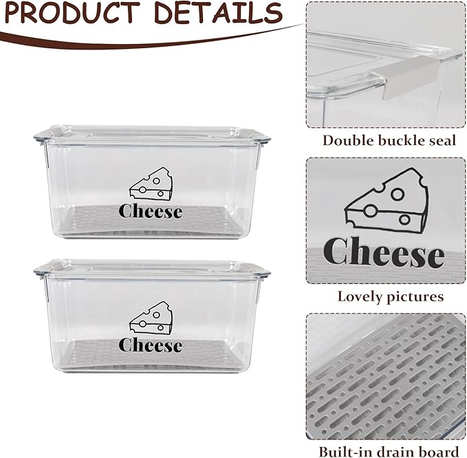 Cheese Container Airtight with Draining Basket Cream Cheese Sliced Cheeses Box with Lid Saver for Fridge Cheeses Keeper Cream Block Shredded Storage Box Saver (Clear - 2 Pack)-NeatNest