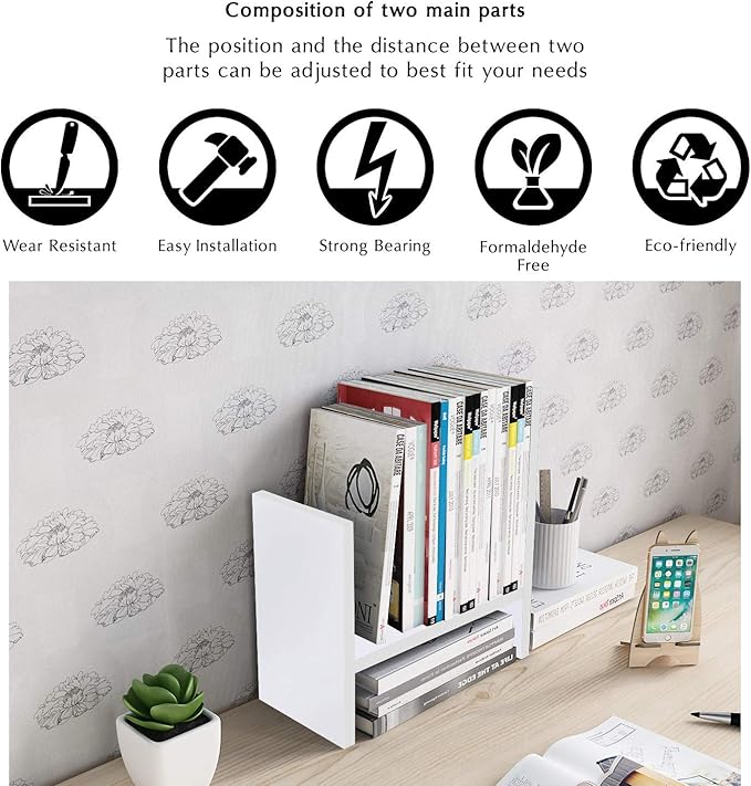 Jerry & Maggie Desktop Organizer Office Storage Rack Adjustable Wood Display Shelf Free Style Double H, Multi-Functional Mini Bookshelf for Desk Natural Stand (White)-NeatNest