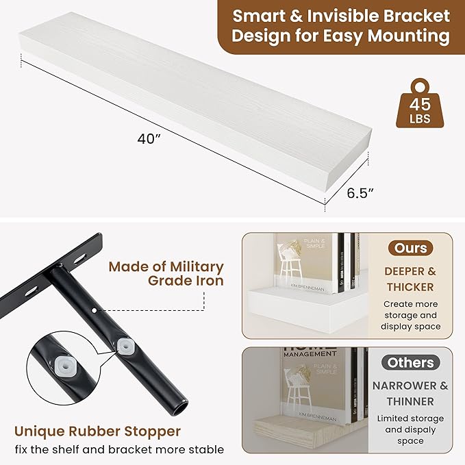 fuqing Floating Shelves for Wall, Bathroom Shelf Wall Mounted for Storage, Shelves with Invisible Bracket for Bedroom, Kitchen, Living Room, Farmhouse Small Book Shelf, 40 Inch Set of 2, White-NeatNest