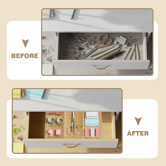 4 Pack Desk Drawer Organizer Set 3 Size Clear Acrylic Drawer Organizer Trays and Storage Dividers Office Accessories for Pen Makeup Silverware Office Bathroom