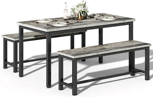 DKLGG Dining Room Table Set for 4, 47" Farmhouse Dining Table with Benches 3 Pieces Rectangular Kitchen & Dining Room Sets for Small Space, Restaurant, Apartment, Grey & Black-NeatNest