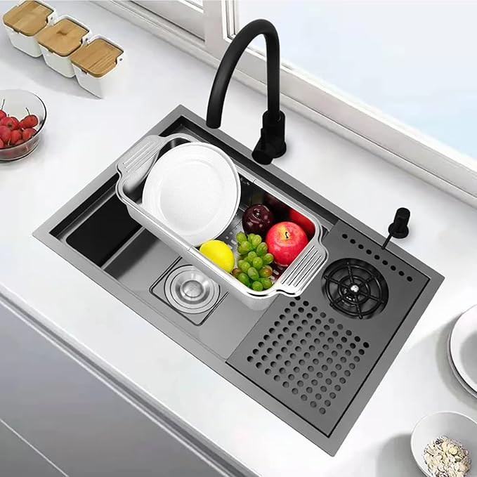 LUEXBOX Expandable Dish Drying Rack Over The Sink, Stainless Steel Drainer Basket with Adjustable Arms for Vegetable and Fruit (Silver)