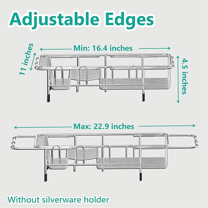 Dish Drying Rack in Sink Expandable Stainless Steel Kitchen Dish Drainer with 4 Cup Holders, Silver