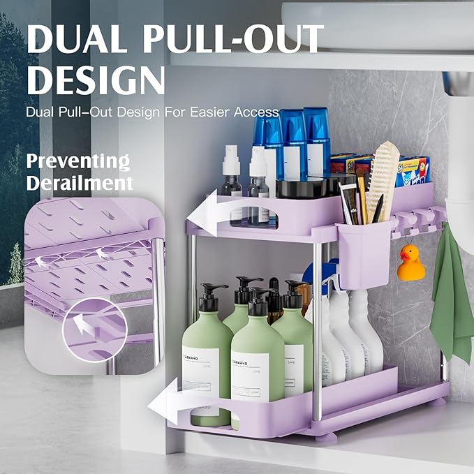 Under Sink Organizer - 2 Pack Adjustable Height, 2 Tier Organizers for Bathroom & Kitchen Sink, Purple-NeatNest