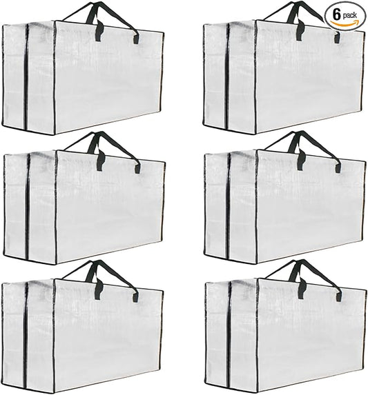 6 Pack Heavy Duty Extra Large Clear Storage Bags with Zipper and Handles - Moving Boxes & Storage Bins Alternative, Packing & Moving Supplies for Dorm Room Essentials