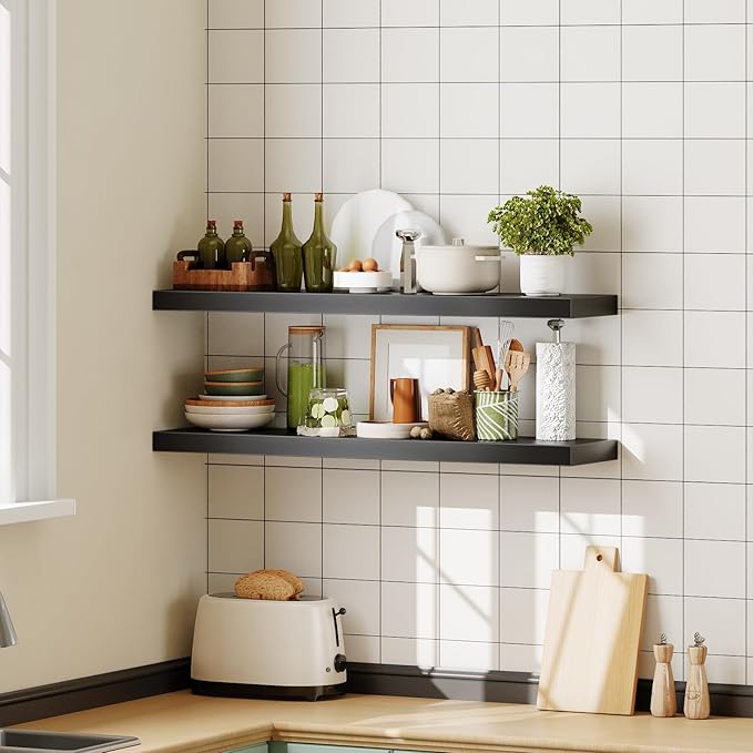 HOOBRO Floating Shelves for Wall, Wall Mounted Shelf Set of 2, 39.4" Hanging Shelf with Invisible Brackets, for Wall in Bathroom, Bedroom, Toilet, Kitchen, Livingroom, Office, Black BK100BJP201-NeatNest