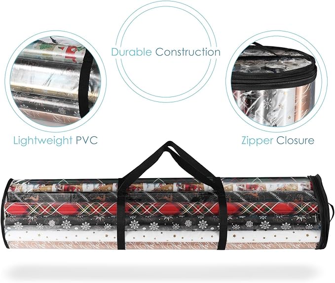 Hearth & Harbor Wrapping Paper Storage Container and Clear Wrap Paper Holder - Christmas Storage Bag with Interior Pockets - Fits Up to 36 Rolls of 40" - Tear Proof, Black-NeatNest