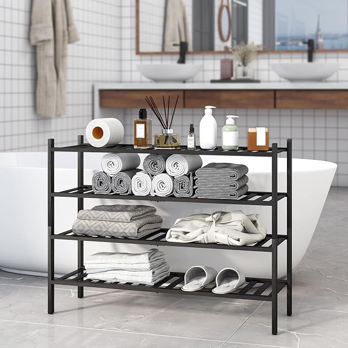 Long Shoe Rack, 4-Tier Bamboo Stackable Shoe Shelf Storage Organizer, Shoe Stand for Closet, Entryway and Hallway(Black)-NeatNest