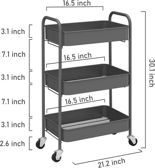 CAXXA 3-Tier Rolling Metal Storage Organizer - Mobile Utility Cart with Caster Wheels, Gray-NeatNest