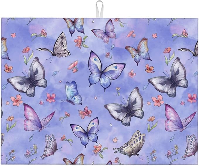 Butterfly Dish Drying Mat for Kitchen Counter Cute Kitchen Mat Microfiber Kitchen Countertop Absorbent Reversible Drainer Rack Pad Dish Drying Mat 18 x 24 Inch-NeatNest
