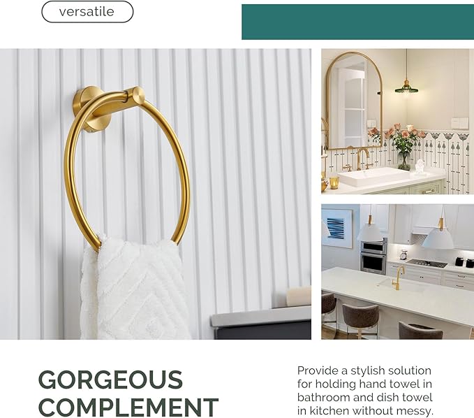 Bathroom Towel Ring Brushed Gold, Angle Simple SUS304 Stainless Steel Modern Towel Holder, Swivel Hand Towel Rack Wall Mounted