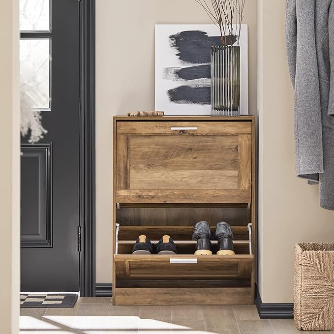 Haotian Small Shoe Storage Cabinet Entryway, Slim Shoe Rack for Small Space 2 Flip-Drawers, Shoe Organizer for Hallway Brown FSR137-F-NeatNest
