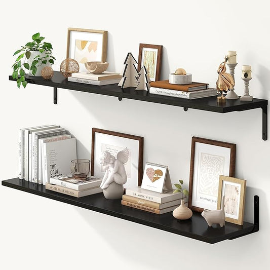 Fun Memories Deep Floating Shelves, 48W x 8D Floating Shelves Set of 2, Wall Mounted Shelf with Metal Brackets, Rustic Wood Wall Shelf for Bathroom, Kitchen and Living Room, Black-NeatNest