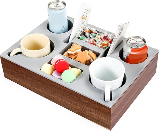 Yerliker Couch Cup Holder Tray, Silicone Couch Caddy Waterproof Anti-Spill Sofa Cup Holder for Sofa Bed Car Seat Organizer, Christmas Hold Mugs, Drinks, Snacks, Phones, Remotes (Grey,Acacia)-NeatNest