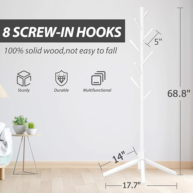 Durable Wooden Coat Rack, Freestanding Coat Rack with Stable Triangular Base, 8 Hooks & 3 Adjustable Heights, Simple Assembly for Bedroom, Hallway, Office(New White)-NeatNest