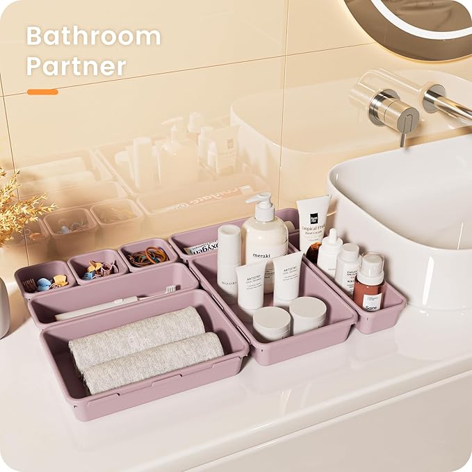A-LuGei 【𝟮𝟮𝗣𝗖𝗦】 Plastic Lilac Desk Drawer Organizer, Bathroom Organizers and Storage, Makeup Organizer, Organization and Storage Bin Container for Vanity Office Utensils Tool Pantry Cosmetic-NeatNest