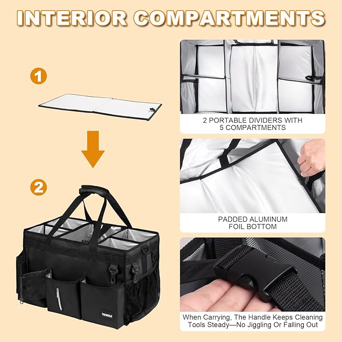 Extra Large Cleaning Caddy Bag with Built-In Support Board, Cleaning Tote Organizer with Removable Divider, Supply Carryall with Adjustable Shoulder Strap and Waist Belt for Cleaners & Housekeeper