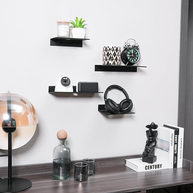 Z metnal Metal Floating Shelves with Cable Clip, Shelves for Bluetooth Speaker Router Cameras, Wall Mounted, Display Shelf, Matt Black, Aluminum, 12 inch, 2 Pack-NeatNest