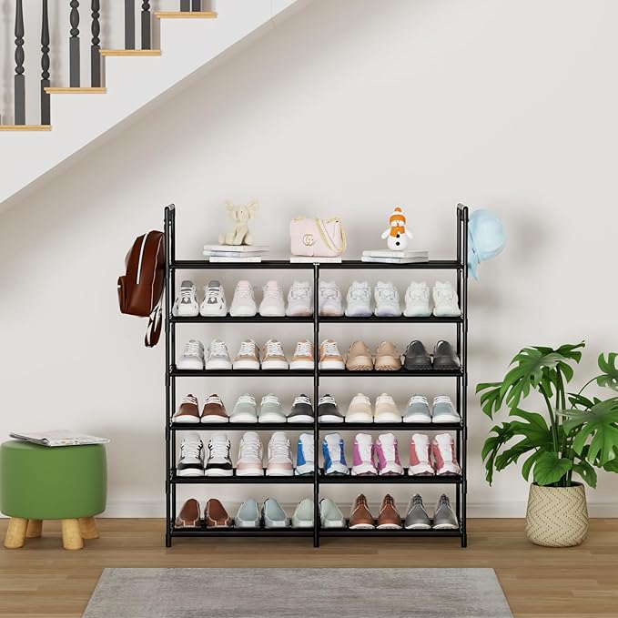 2-Row 6-Tier Shoe Rack, Black Metal Stackable Shoe Shelf with Multifunctional Hooks, Hold 24-30 Pairs, Space Saving Shoes Organizer for Closet,Show Rack-NeatNest