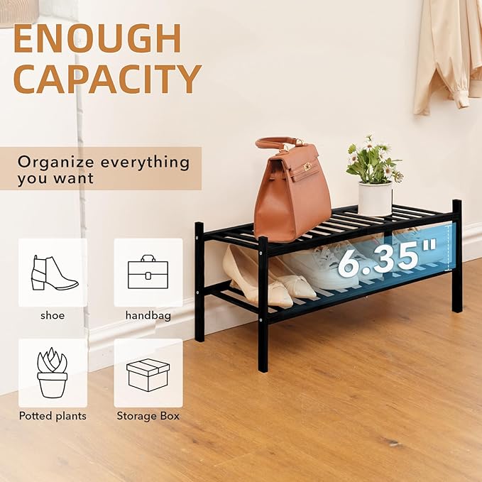 2 Tier Bamboo Shoe Rack Storage Organizer for Closet, Multifunctional Stackable Free Standing Shoe Shelf Organizer for Small Space,Entryway,Hallway,Bathroom 27"x11"x13" (Black, 2 Tier)-NeatNest